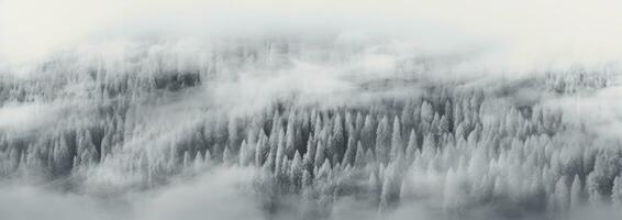 AI generated an aerial shot of snow covered pine trees, photo