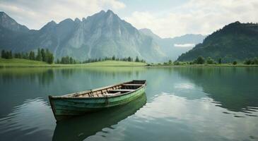 AI generated a small boat is floating on the water in a pond with mountains behind it, photo