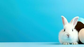 AI generated A playful image of a white bunny peeking out of a colorful Easter egg photo