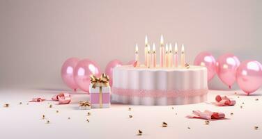 AI generated a pink and white cake with candles in the middle and presents near it, photo