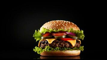 AI generated beef burger on black background with copy space photo