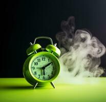 AI generated green alarm clock with smoke on background photo