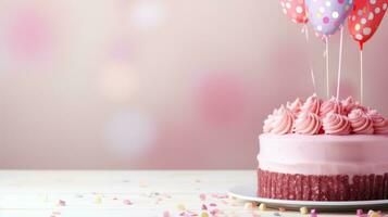 AI generated birthday cake pastel background with copy space photo