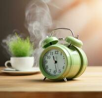 AI generated green alarm clock with smoke on background photo