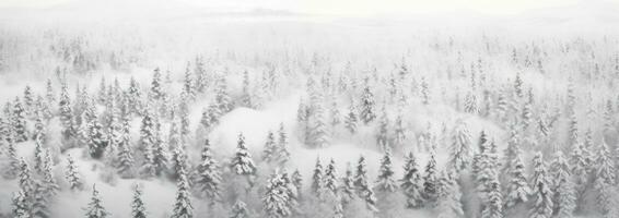 AI generated an aerial shot of snow covered pine trees, photo