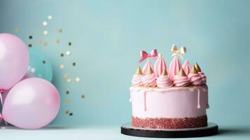 AI generated birthday cake pastel background with copy space photo