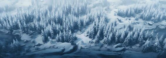 AI generated an aerial shot of snow covered pine trees, photo