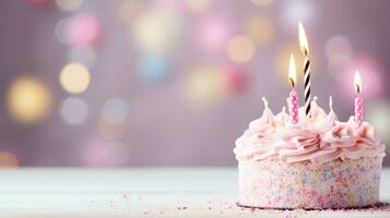 AI generated birthday cake pastel background with copy space photo