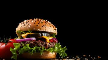 AI generated beef burger on black background with copy space photo