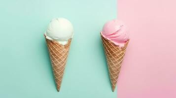 AI generated ice cream on pastel background with copy space photo