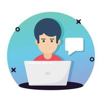 A man avatar with laptop and chat bubble showing concept icon of online conversation, online communication vector