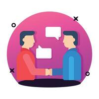 Two persons shaking hands and having conversation, flat modern icon of communication vector