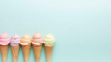 AI generated ice cream on pastel background with copy space photo