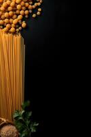 AI generated pasta on black background with copy space photo