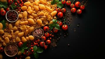 AI generated pasta on black background with copy space photo