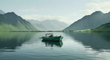 AI generated a small boat is floating on the water in a pond with mountains behind it, photo