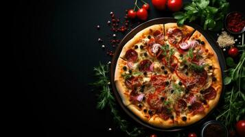 ai generado pepperinú Pizza en negro antecedentes con Copiar espacio foto