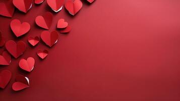 AI generated red paper hearts on red background with copy space photo