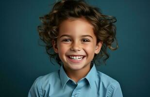 AI generated smiling boy in blue shirt, photo