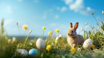 AI generated spring green meadow with easter effs and bunny against blue sky, photo