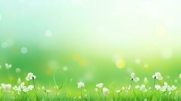 AI generated spring green meadow against blue sky background photo