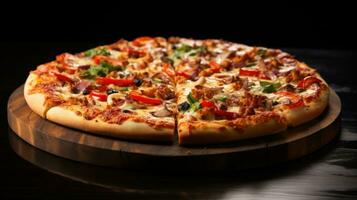 ai generado pepperinú Pizza en negro antecedentes con Copiar espacio foto