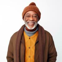 AI generated Happy senior afro man smiling wearing winter clothes and isolated on white background. AI Generated. photo