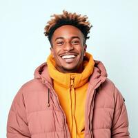AI generated Happy young afro man smiling wearing winter clothes and isolated on white background. AI Generated. photo