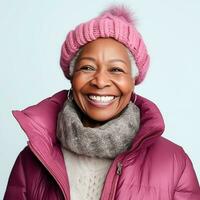 AI generated Happy senior afro woman smiling wearing winter clothes and isolated on white background. AI Generated. photo