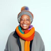 AI generated Happy senior afro woman smiling wearing winter clothes and isolated on white background. AI Generated. photo