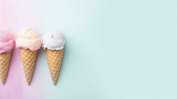 AI generated ice cream on pastel background with copy space photo