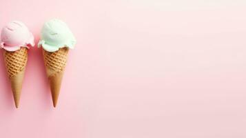 AI generated ice cream on pastel background with copy space photo