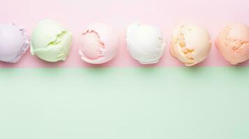 AI generated ice cream on pastel background with copy space photo