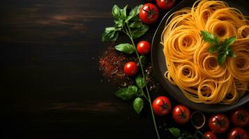 AI generated pasta on black background with copy space photo