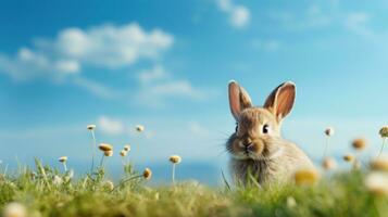 AI generated spring green meadow with easter effs and bunny against blue sky, photo