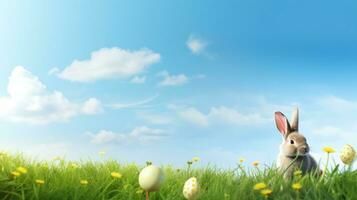 ai generado primavera verde prado con Pascua de Resurrección efectos y conejito en contra azul cielo, foto