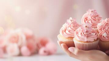 AI generated sweet cupcakes background with copy space photo