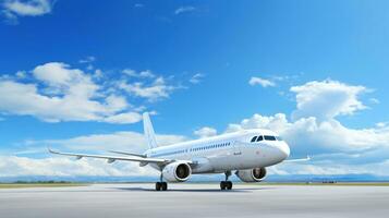 AI generated white airplane against blue sky, photo