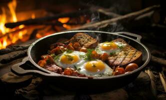 AI generated a pan with eggs, bread and bacon on top of the fireplace photo