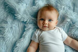 AI generated Cute little baby lying on a blue blanket. Baby care concept, white baby bodysuit mockup. photo