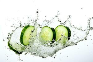 AI generated Cucumber slices falling into water with splash isolated on white background. photo