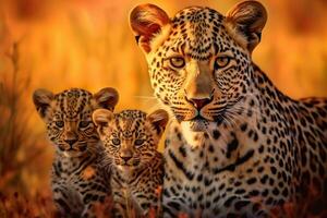 AI generated A leopard mother and her cubs. photo