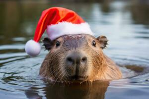 ai generado linda carpincho en Papa Noel claus sombrero. foto