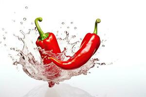 AI generated Red hot chilli pepper with splashing water isolated on white background. photo