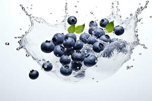 AI generated Blueberries falling into water with splash, isolated on white background. photo