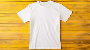 AI generated White T-shirt on wooden background, mock-up. photo