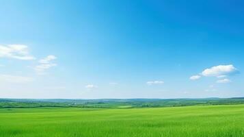 AI generated spring green meadow against blue sky background photo