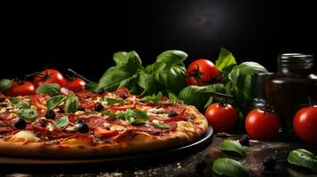 ai generado pepperinú Pizza en negro antecedentes con Copiar espacio foto