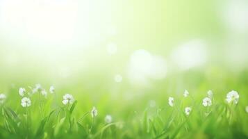 AI generated spring green meadow against blue sky background photo