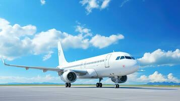 AI generated white airplane against blue sky, photo